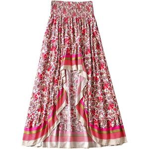 Maxi Skirt M Boho Floral High Low Smocked Waist Rayon Flowy Beach Vacation‎